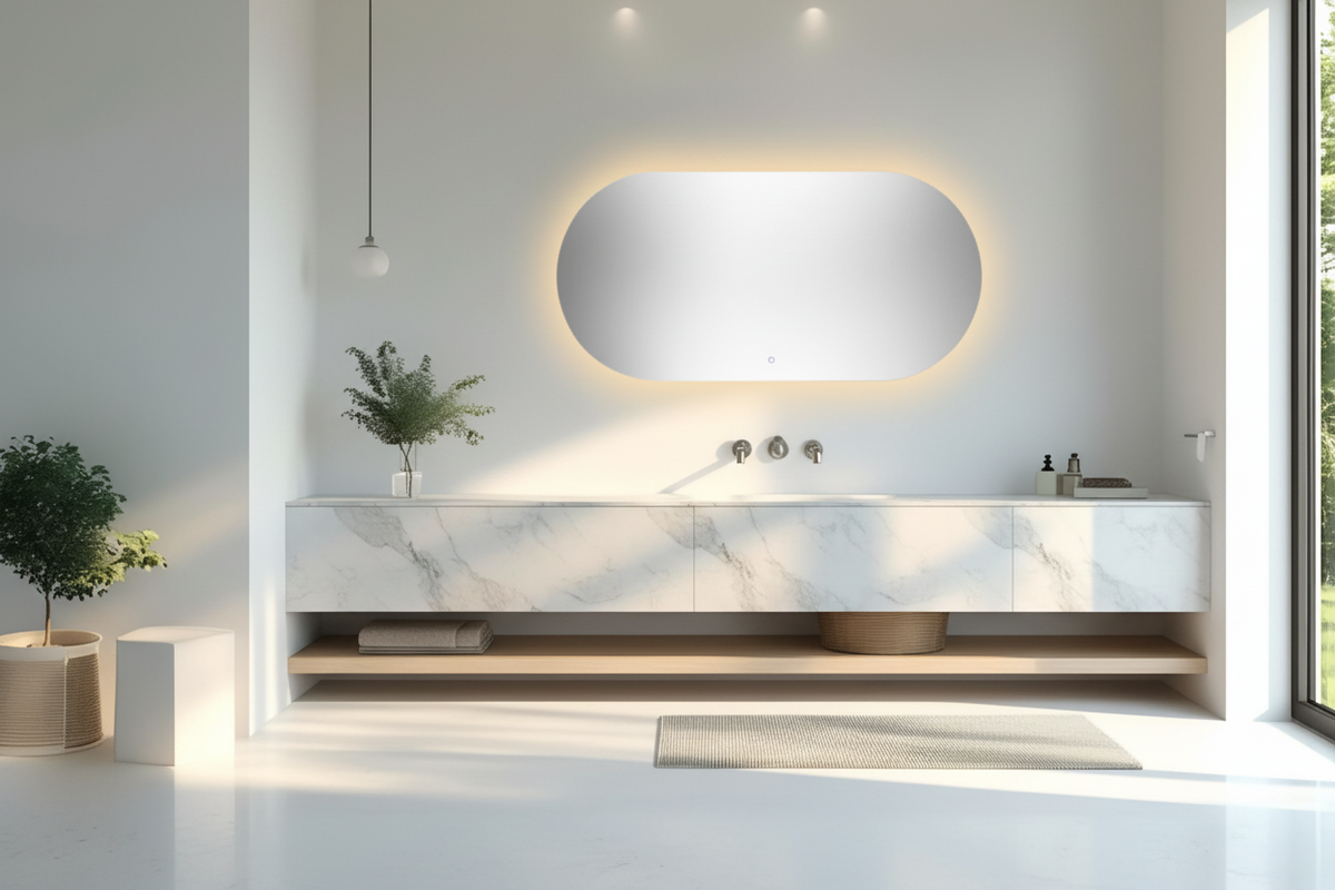 LED Mirror-BIANCA-CAPSULE 1100/1400mm with Demister Backlit Touch Switch 3 Colours Lighting Frameless