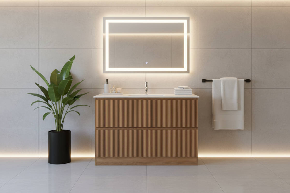 ANNIE LIGHT OAK RIBBED FREESTANDING PLYWOOD VANITY