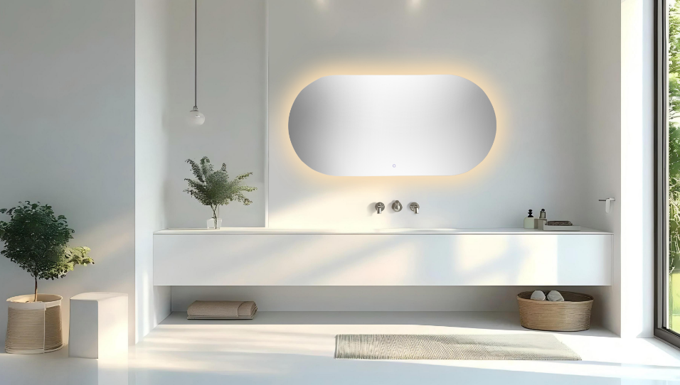 LED Mirror-BIANCA-CAPSULE 1100/1400mm with Demister Backlit Touch Switch 3 Colours Lighting Frameless