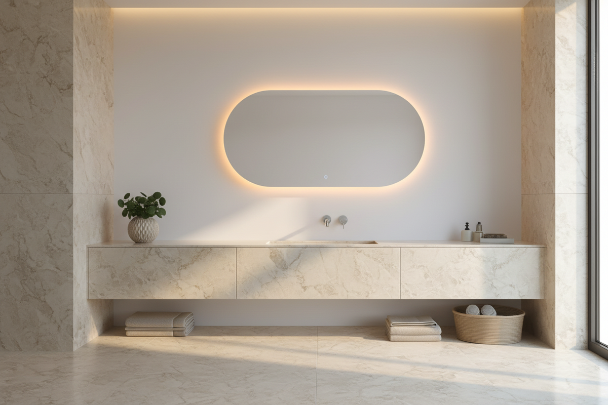 LED Mirror-BIANCA-CAPSULE 1100/1400mm with Demister Backlit Touch Switch 3 Colours Lighting Frameless